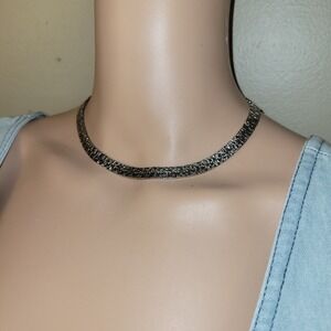 Vintage Silver Tone Textured Choker Necklace 16" Modernist Brutalist Style